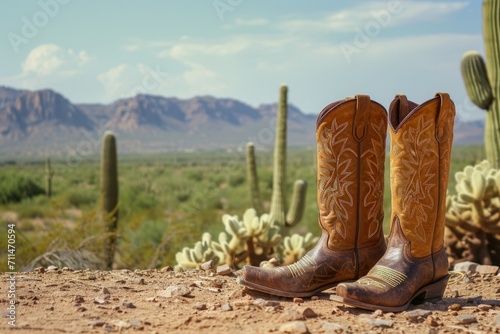 Landscape with cowboy boots and desert with cacti in the background. photo