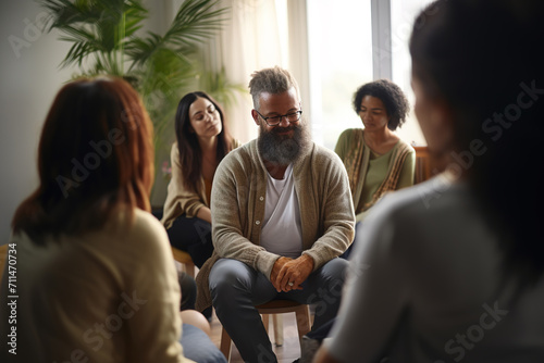 Multiethnic male talking and sharing thoughts with diverse people participate in group psychological session together. Mental therapy.