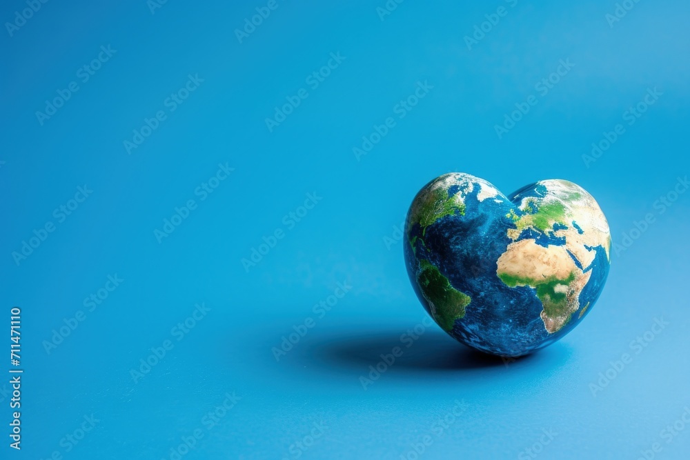 Planet earth in the shape of a heart on blue background, Earth day, environmental preservation.
