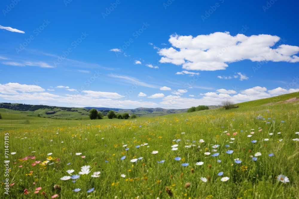 A meadow in full bloom, bathed in sunlight under a flawless, cloudless blue sky, Generative AI
