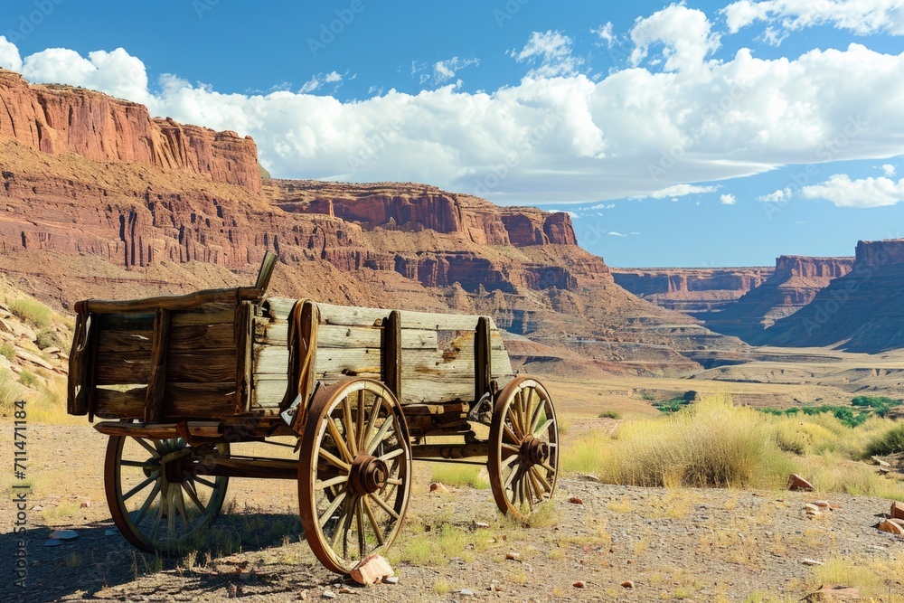 Old west wooden wagon, landscape with canyons and desert, western concept.