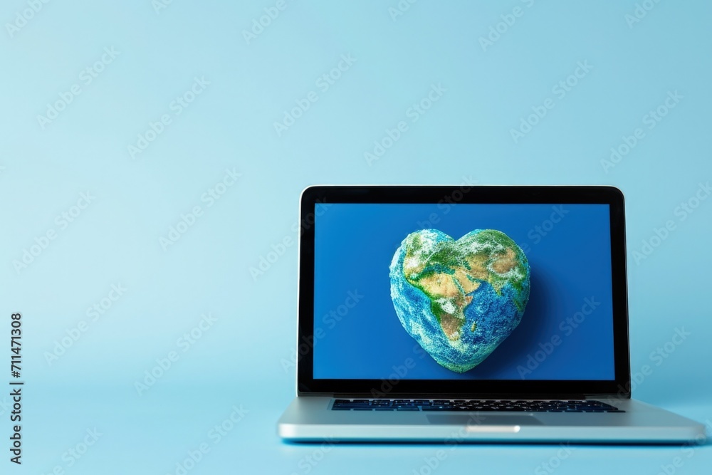 Planet earth in heart shape on laptop screen, technology and earth day concept. Preservation of the environment. Planet earth in heart shape on laptop screen, technology and earth day concept. Preservation of the environment.