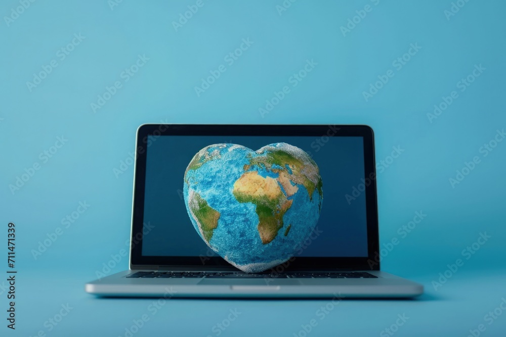 Planet earth in heart shape on laptop screen, technology and earth day concept. Preservation of the environment. Planet earth in heart shape on laptop screen, technology and earth day concept. Preservation of the environment.