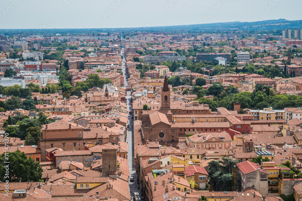 Aerial view panorama from Asinelli tower viewpoint over the city and its architecture, Bologna ITALY