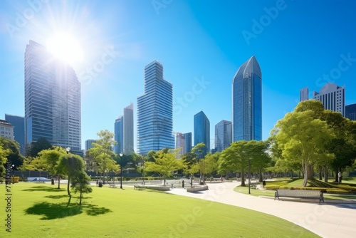 A modern city park with skyscrapers peeking above trees under a sunny blue sky, Generative AI