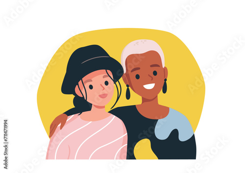 Group of two 2 characters, style young people friends together, hugging posing. University fellow, students, classmates, buddies, pals doing keepsake photograph isolated on white background. © olgache