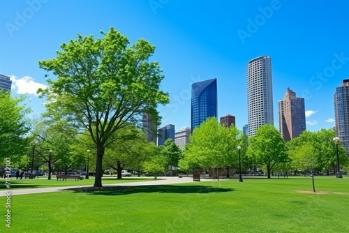 A modern city park with skyscrapers peeking above trees under a sunny blue sky, Generative AI