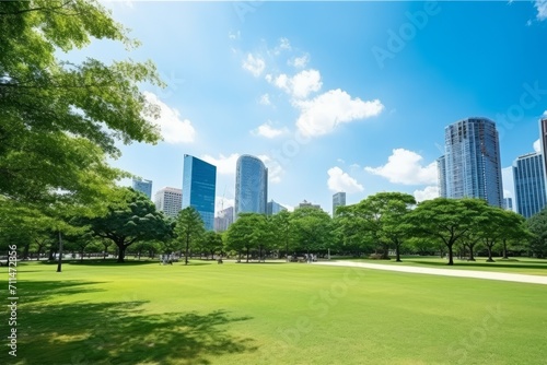 A modern city park with skyscrapers peeking above trees under a sunny blue sky  Generative AI
