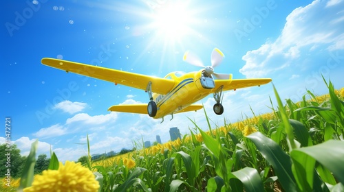 Aerial View of an Agricultural Drone Efficiently Spraying Fertilizers over Lush Fields of Sweet Corn photo