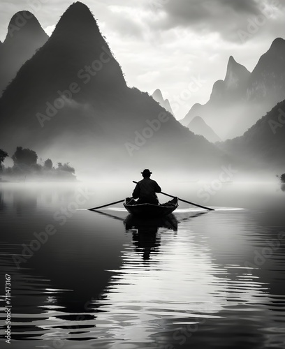 Japan traditional sumi-e painting  boat Japan mountains in the fog  transparency  aesthetic  black and white photo  traditional Japan
