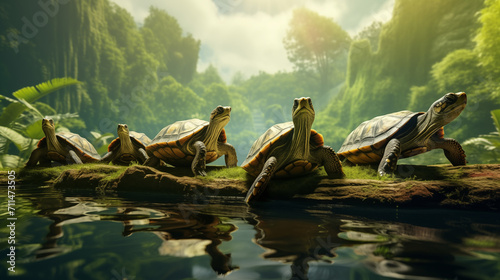 photograph line of turtles standing on timbler in the river   photo