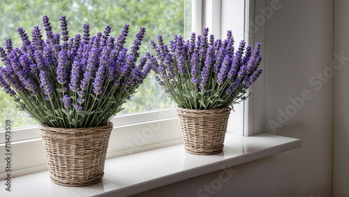 Two baskets of lavender are placed on a windowsill.