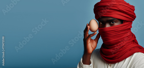 African man with a turban and an egg. photo