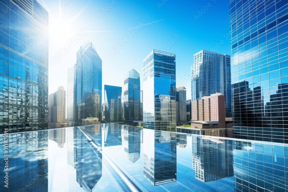 A modern cityscape with glass buildings reflecting the brilliance of a clear blue sky, Generative AI A modern cityscape with glass buildings reflecting the brilliance of a clear blue sky, Generative AI