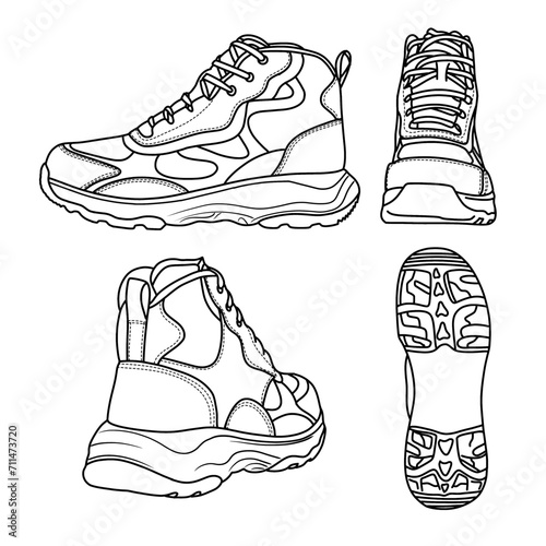 Technical sketch drawing of Mens Hiking Boot Line Art, suitable for your custom hiking shoes, outline vector doodle illustration, side, rear, front and bottom view isolated with white background.     