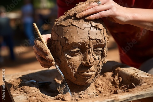 Close-up artistic process. step-by-step transformation of clay into realistic human head sculpture photo