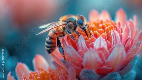 Exotic flower, adorned with the presence of a bee, captured in a captivating close-up 