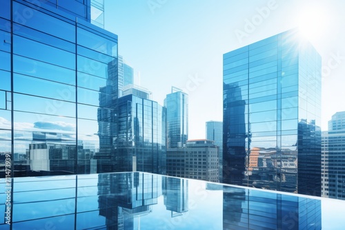 A modern cityscape with glass buildings reflecting the brilliance of a clear blue sky  Generative AI