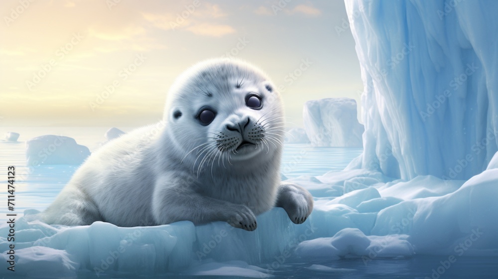 An ultra-detailed depiction of a fluffy baby seal resting on an ice floe, its soft fur and large eyes portrayed with exquisite detail - Generative AI An ultra-detailed depiction of a fluffy baby seal resting on an ice floe, its soft fur and large eyes portrayed with exquisite detail - Generative AI