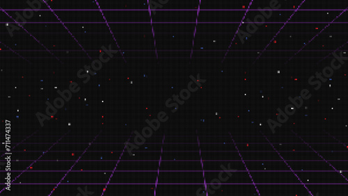 Pixel art background.8 bit game.retro game. for game assets in vector illustrations.Retro Futurism Sci-Fi Background. glowing neon grid.and stars from vintage arcade comp photo