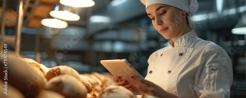 Young woman Baker using a tablet computer for controlling quality of craft bread, bakery factory photo