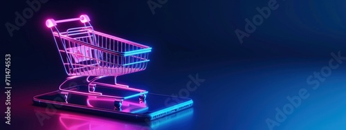 Shopping cart with neon lights on cell phone screen, technology and online shopping concept. photo