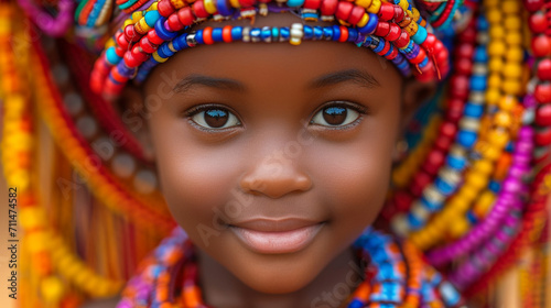 A captivating portrait of a beautiful African child with a radiant smile, surrounded by vibrant traditional clothing and adorned with colorful beads, showcasing the rich cultural h