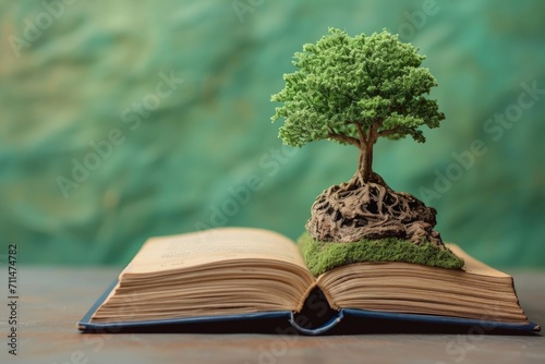 Tree on top of an open book, concept of knowledge and Earth Day. Nature and learning, bokeh background.