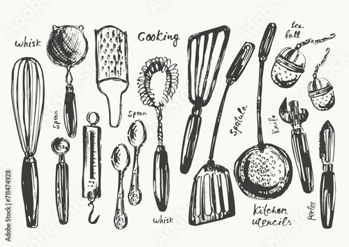 Hand drawn kitchen utensils set, ink sketch
