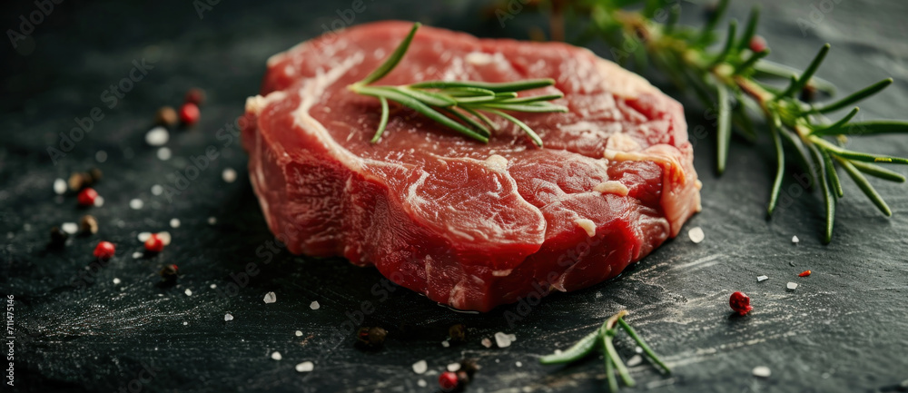 A succulent raw steak adorned with rosemary whispers of gourmet preparations on a backdrop of dark slate