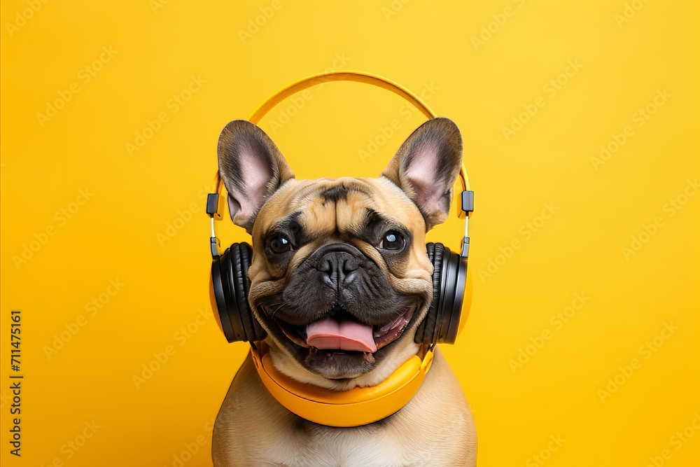 Happy french bulldog dj dog in headphones listens to music on yellow background with space for text