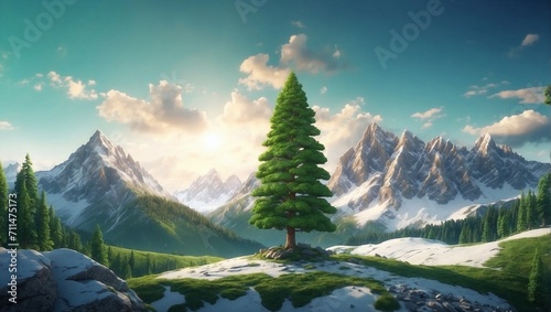photo of green trees on the background of green forest and beautiful mountains made by AI generative