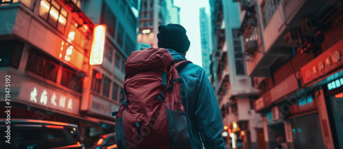 A lone traveler, back turned, contemplates the neon buzz of an urban canyon, a story of wanderlust in the city's heart