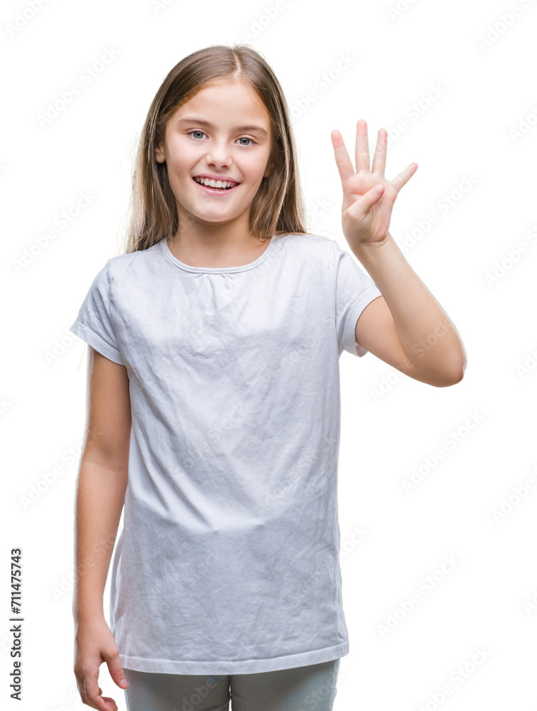 Young beautiful girl over isolated background showing and pointing up with fingers number four while smiling confident and happy. Young beautiful girl over isolated background showing and pointing up with fingers number four while smiling confident and happy.