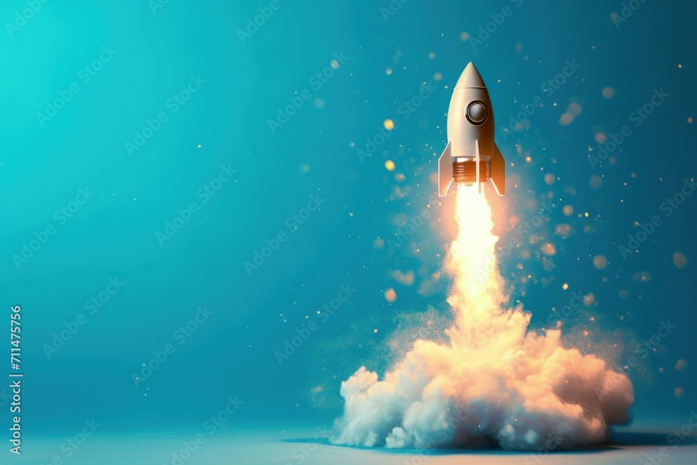 Naklejka premium Rocket taking off on blue background, startup and business concept. 