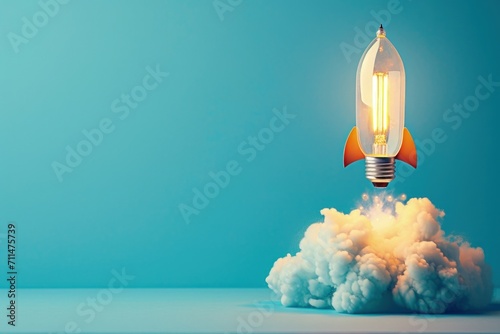 Light bulb taking off like rocket on blue background, startup and business concept.	