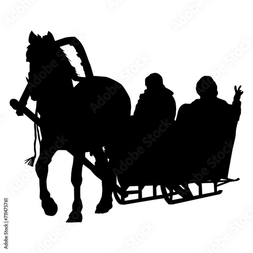 Silhouette of a horse with a sleigh, two people in a sleigh, riding a horse. Vector illustration