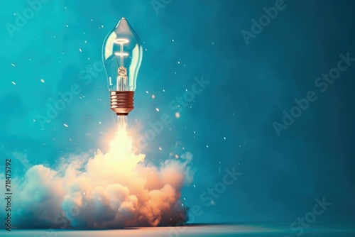 Light bulb taking off like rocket on blue background, startup and business concept.	 photo