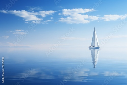 A sailboat gliding on calm waters, the sail reflecting the pure blue of the sky, Generative AI © ManusiaIkan