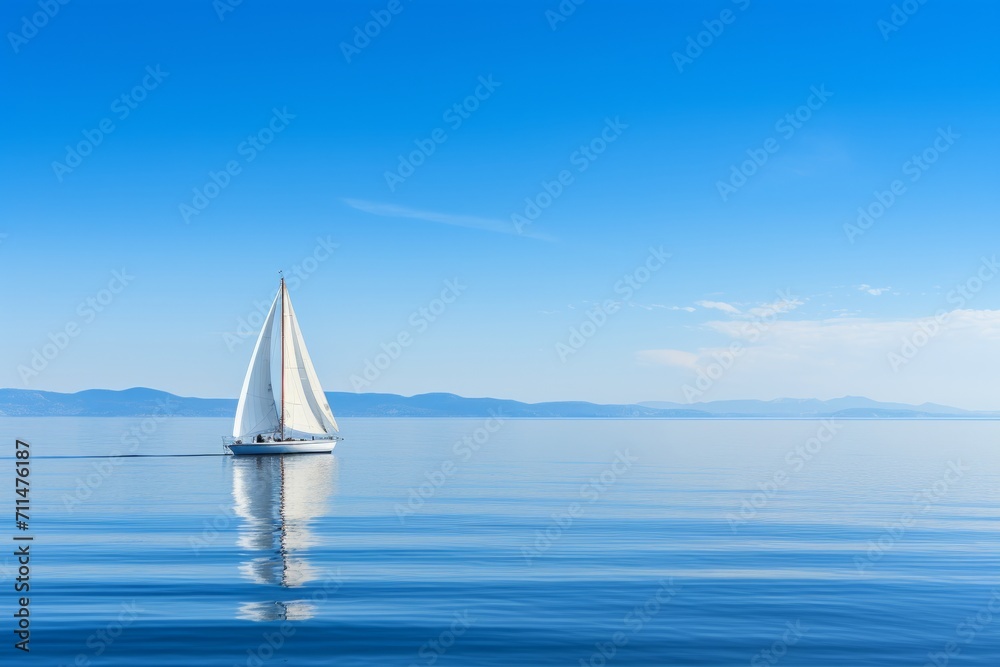 A sailboat gliding on calm waters, the sail reflecting the pure blue of the sky, Generative AI