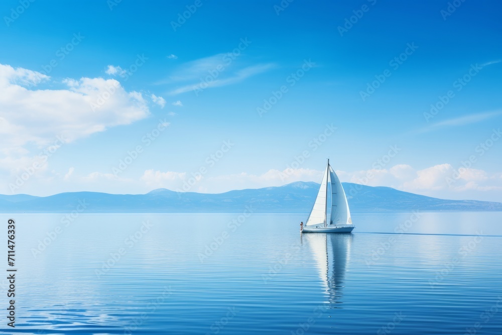 A sailboat gliding on calm waters, the sail reflecting the pure blue of the sky, Generative AI