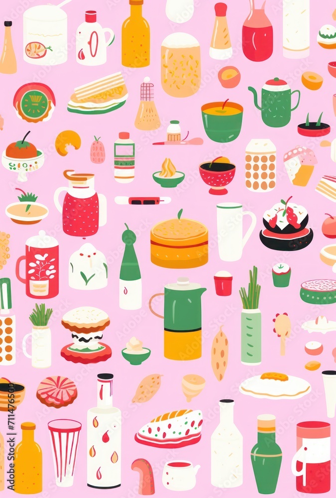 breakfast decor pattern. a pink seamless pattern with various elements. colorful background with fruits, donuts and oranges breakfast decor pattern. a pink seamless pattern with various elements. colorful background with fruits, donuts and oranges