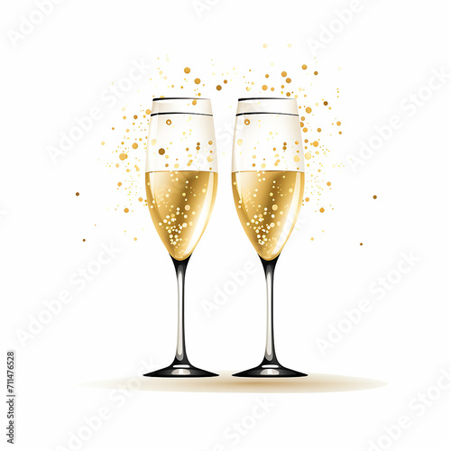 Two glasses of champagne with bubbles on white background. Vector illustration.