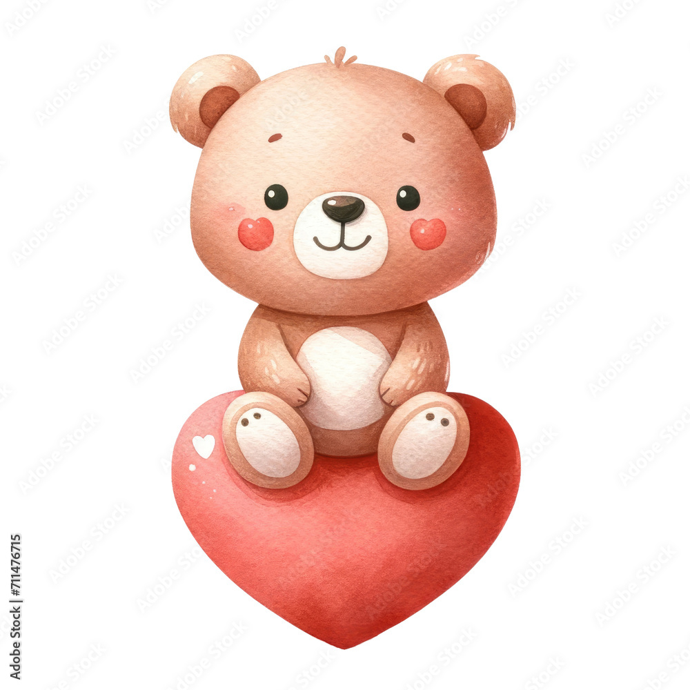 Watercolor cute bear sitting on a heart. Romantic animal. Valentine's element clipart. Watercolor cute bear sitting on a heart. Romantic animal. Valentine's element clipart.