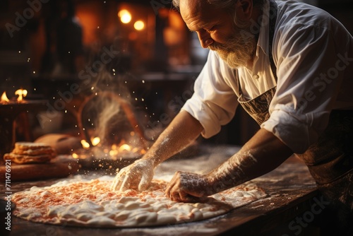 A fiery cook in traditional blacksmith attire crafts a delicious pizza with skill and precision in the warmth of his indoor kitchen photo