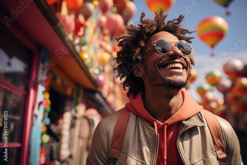 A cheerful man stands confidently on a busy street, his face adorned with a bright smile and stylish sunglasses, as he enjoys the festive atmosphere of an outdoor festival with colorful balloons floa photo