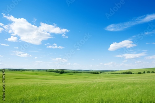 A serene landscape with a clear blue sky stretching over a tranquil countryside, Generative AI