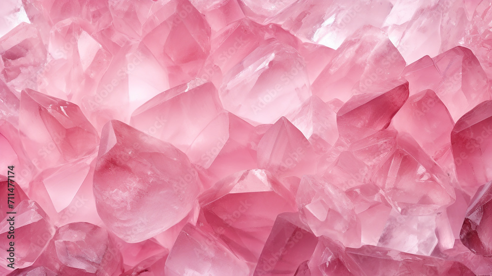 Natural pink quartz crystals as a background. Close up. Macro.