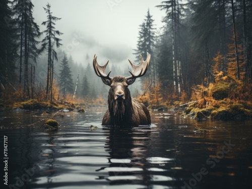 A majestic moose gracefully navigates the tranquil river, surrounded by the vibrant colors of the forest, its antlers proudly displayed in the outdoor landscape © familymedia