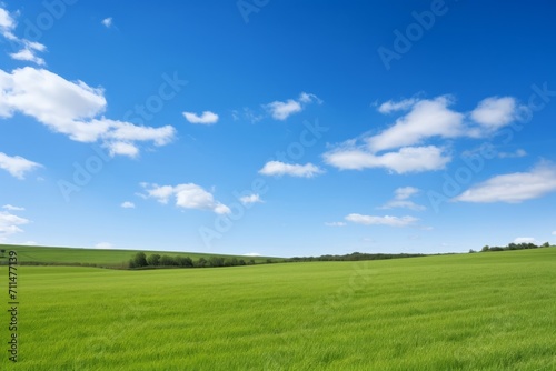 A serene landscape with a clear blue sky stretching over a tranquil countryside, Generative AI